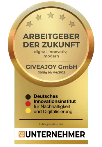 Goldenes Siegel „Arbeitgeber der Zukunft“ für GIVEAJOY GmbH vom Deutschen Innovationsinstitut