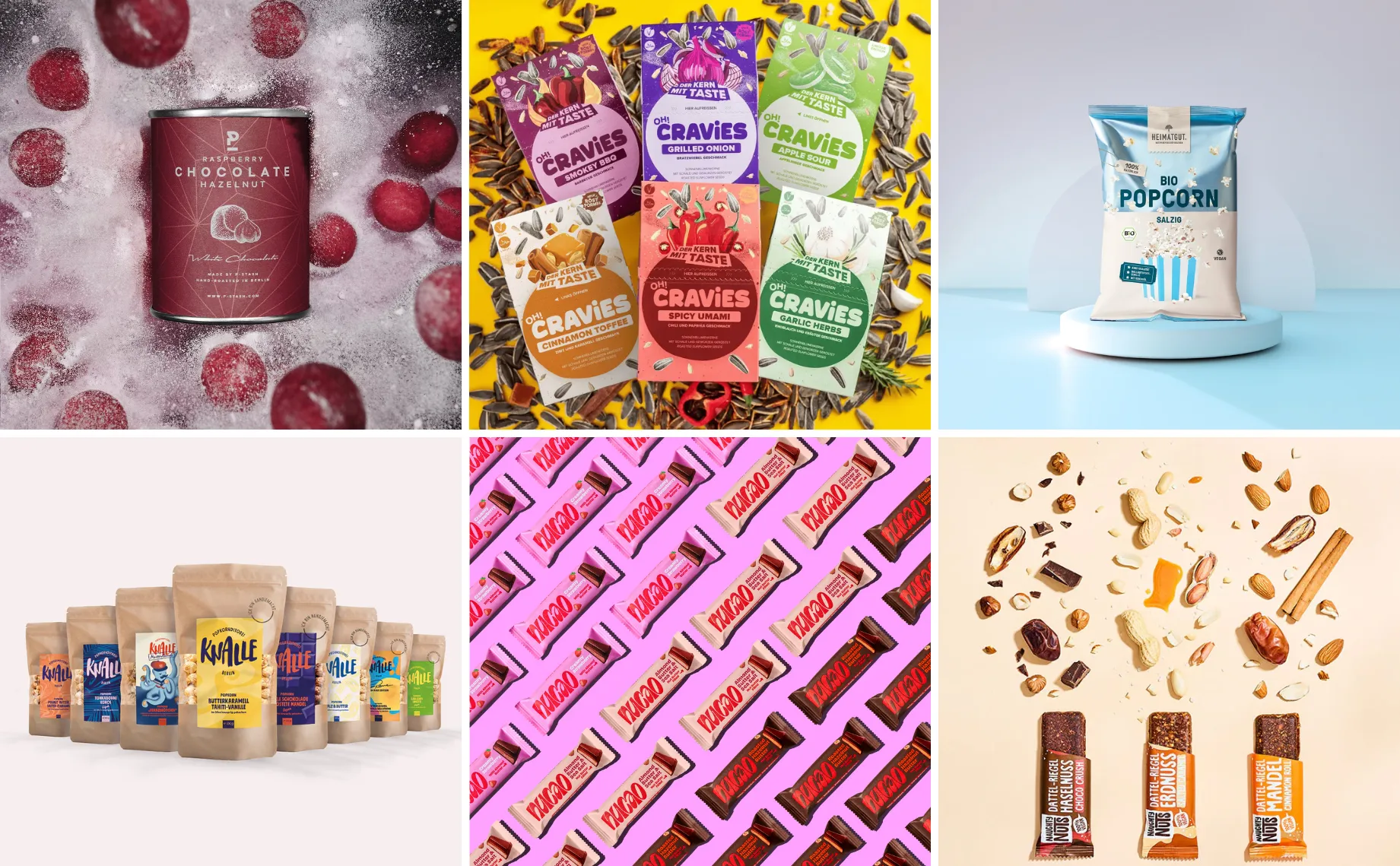 Vielfalt regionaler Start-up-Snacks in den Geschenkboxen von GIVEAJOY – Bio-Popcorn, Schokoriegel, Nüsse und Knabbermix.
