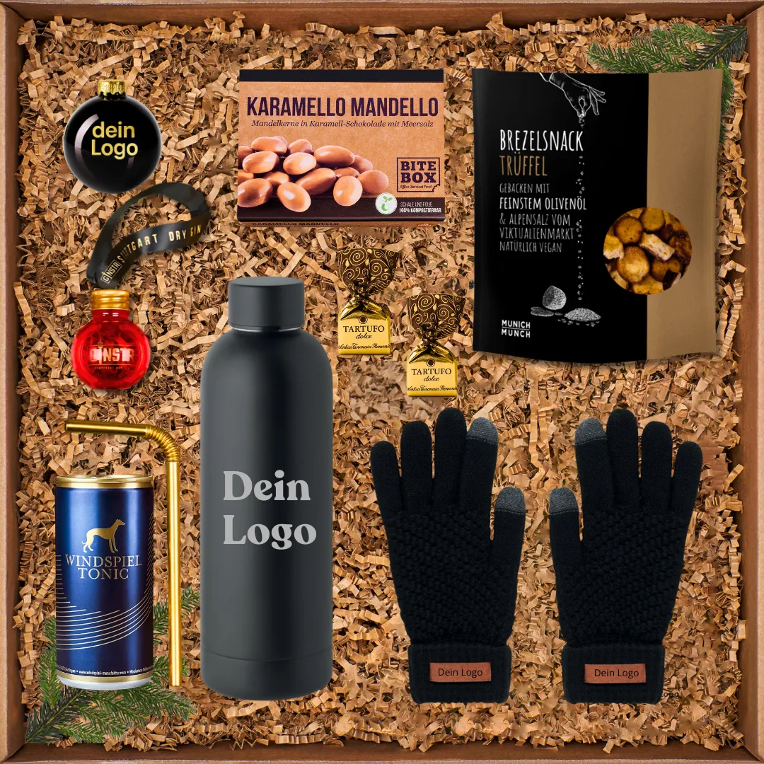 Geschenkbox mit schwarzen Handschuhen, Trinkflasche, Windspiel Tonic Dose, Pralinen und Snacks.