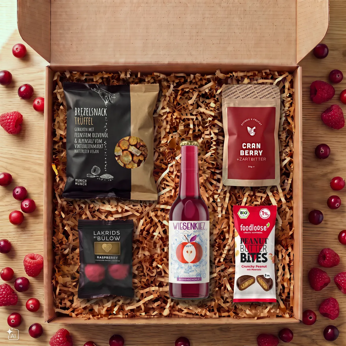 Geschenkbox mit Brezelsnack Trüffel, Lakrids Raspberry, Peanut Butter Bites, Cranberry-Zartbitter und Wiesenkiez Beerenschorle.