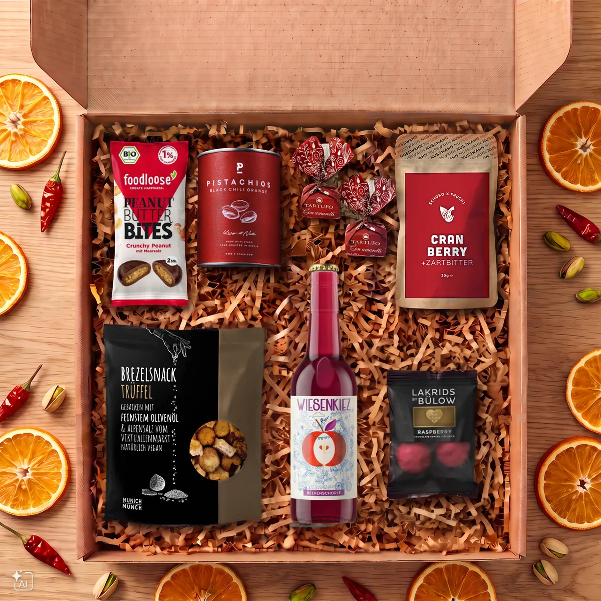 Geschenkbox mit Brezelsnack Trüffel, Pistachios Black Chili Orange, Peanut Butter Bites, Cranberry-Zartbitter, Lakrids Raspberry, Tartufo-Pralinen und Wiesenkiez Beerenschorle.