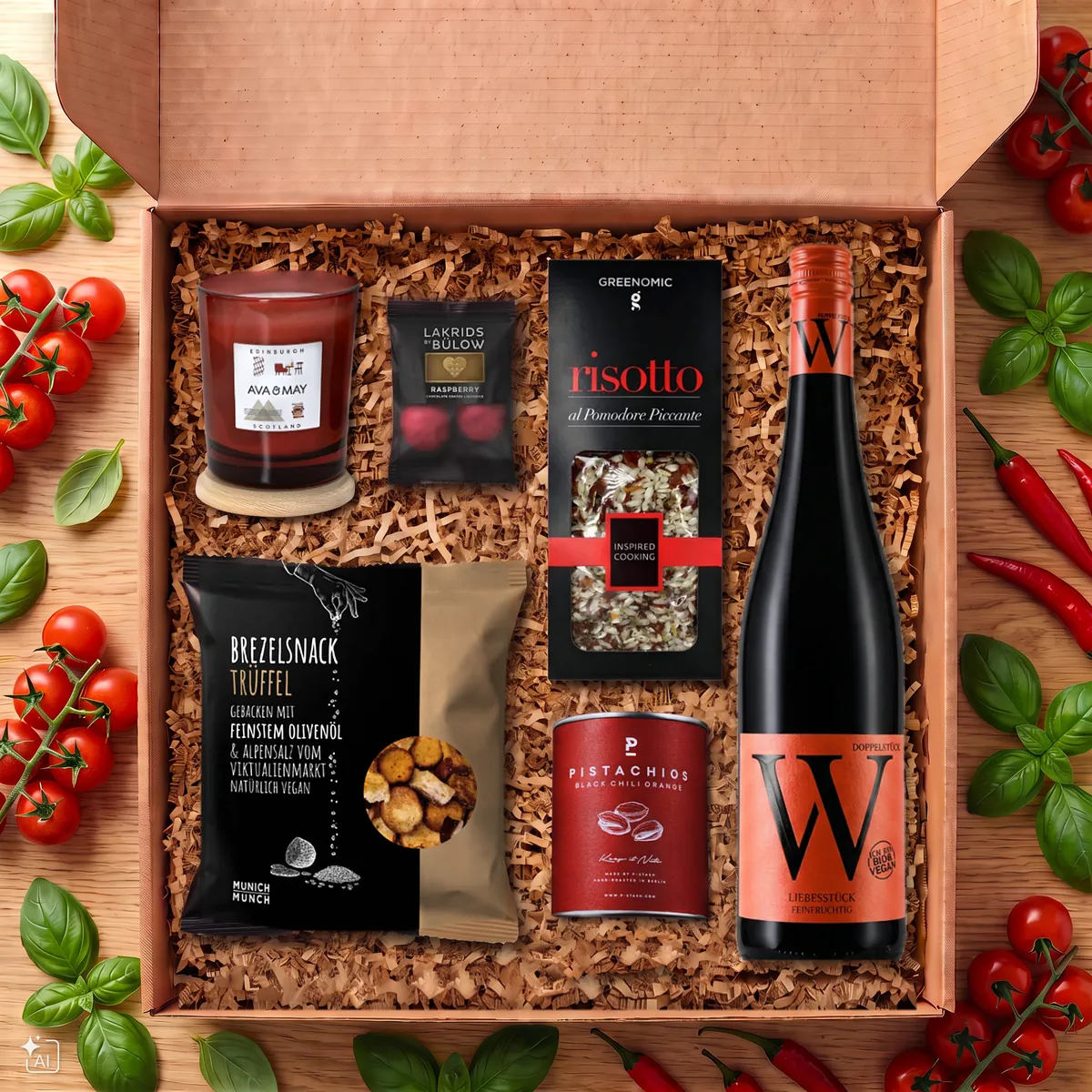 Geschenkbox mit Brezelsnack Trüffel, Pistachios Black Chili Orange, Lakrids Raspberry, Ava & May Duftkerze, Rotwein und Risotto al Pomodoro Piccante.