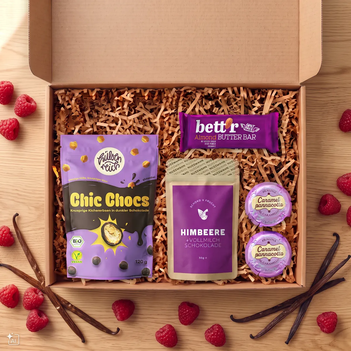 GIVEAJOY-Geschenkbox mit hülsenreich Chic Chocs, bett'r Almond Butter Bar, Caramel-Pannacotta-Pralinen und Himbeer-Vollmilchschokolade.