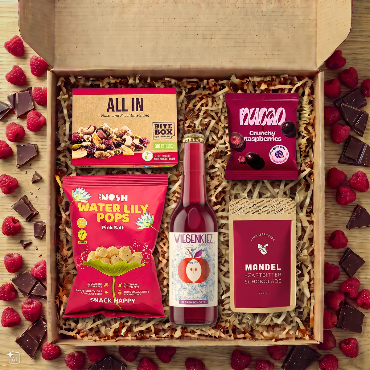 Geschenkbox mit Mandel-Zartbitter-Schokolade, Wiesenkiez Beerenschorle, nucao Crunchy Raspberries, All In Nuss-Frucht-Mischung und Water Lily Pops Pink Salt.