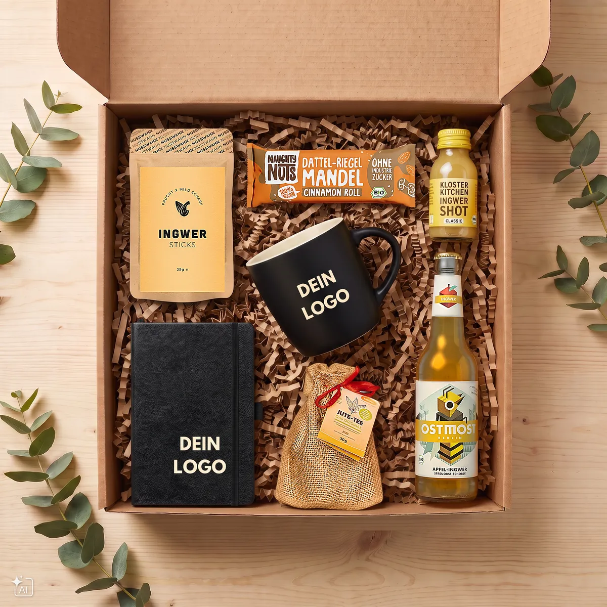 GIVEAJOY-Geschenkbox mit Notizbuch und Tasse mit „Dein Logo“, Ingwer Sticks, Jute-Tee, Dattel-Mandel-Riegel, Ingwer-Shot und Ostmost Apfel-Ingwer-Getränk.
