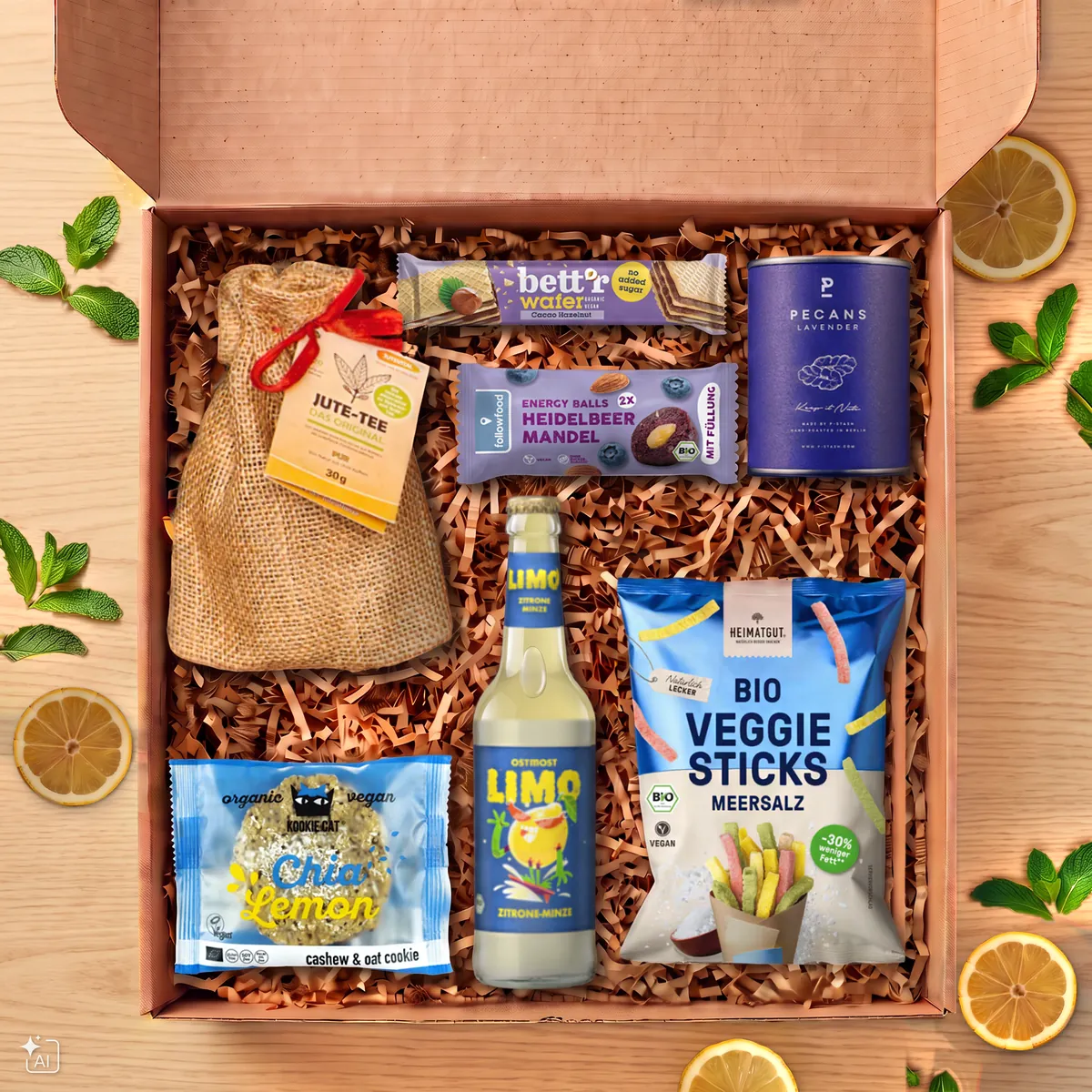 Geschenkbox mit Ostmost Limo, Jute-Tee, Pecans Lavender, Chia-Lemon-Keks, Energy Balls Heidelbeer Mandel, bett'r Wafer Cacao Hazelnut und Bio Veggie Sticks Meersalz.