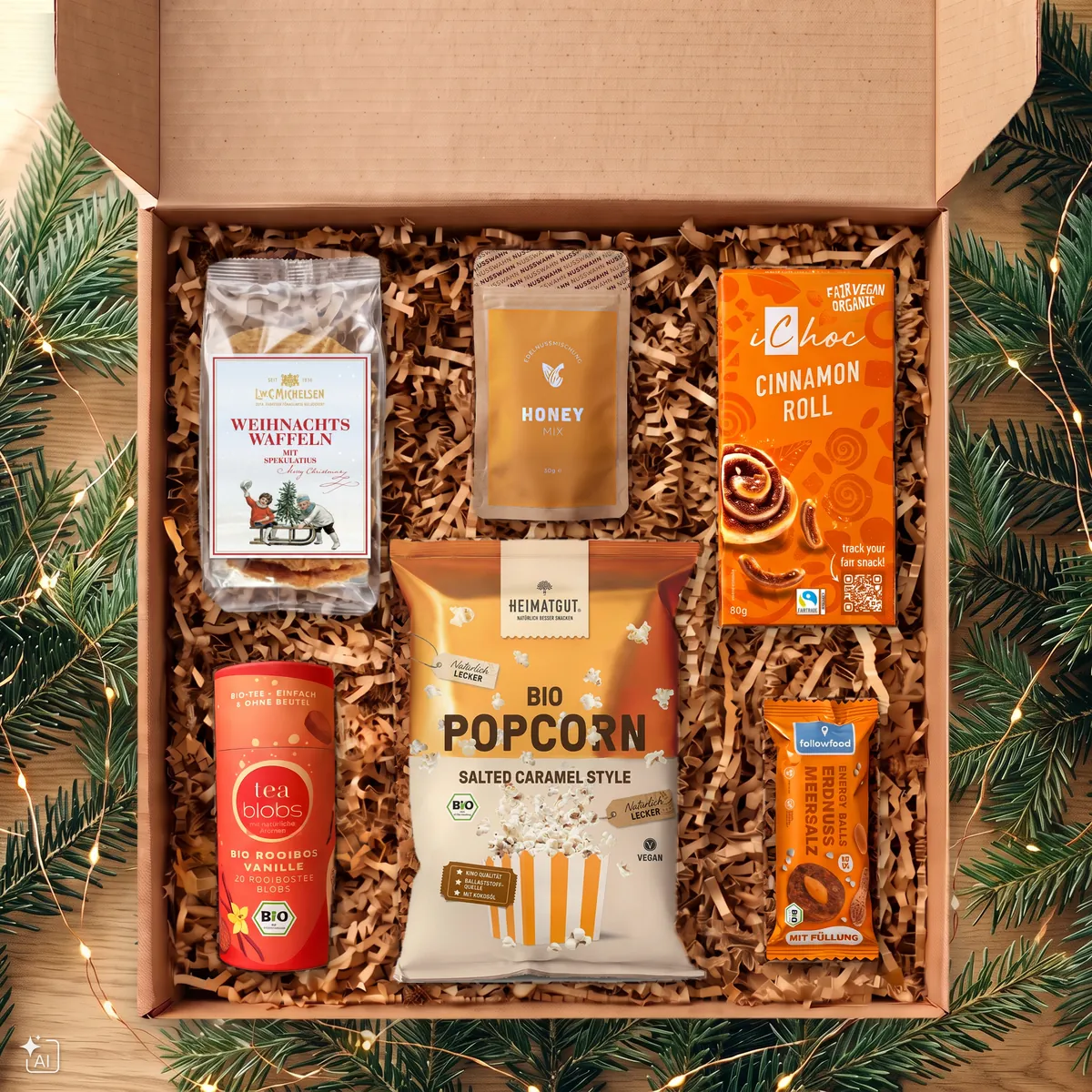 Offene Weihnachtsbox von oben mit Weihnachtswaffeln, Honey Mix, iChoc Cinnamon Roll, Rooibos-Tee Vanille, Bio Popcorn Salted Caramel und Energy Balls Erdnuss Meersalz zwischen Tannenzweigen.