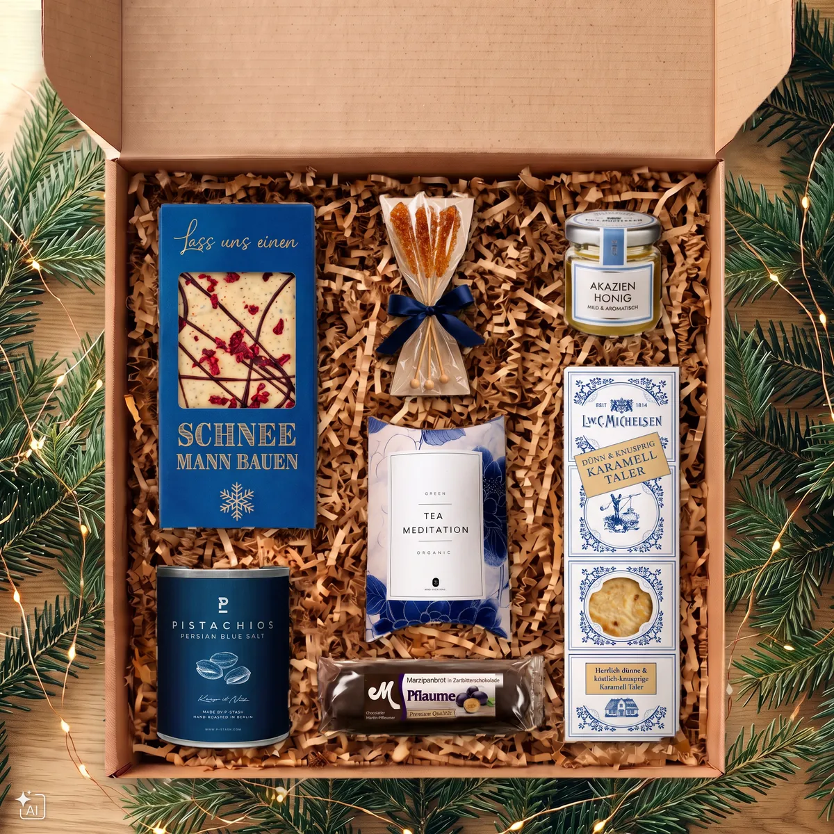 GIVEAJOY-Weihnachtsbox mit Schokolade „Lass uns einen Schneemann bauen“, Tee Meditation, Pistachios Persian Blue Salt, Marzipanbrot Pflaume, Kandissticks, Akazienhonig und Karamelltalern.